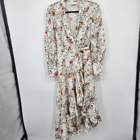 Zimmermann Floral Linen Wrap Dress Size Small100% Linen Ruffle Midi Zimmermann Floral Linen Wrap Dress Size Small100% Linen Ruffle Midi
